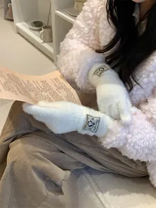 Primo piano di guanti bianchi di peluche con toppa a forma di pinguino indossati da una modella.