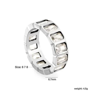 Detail showing 6.7mm width and 4.5g weight of white zircon stainless steel ring.