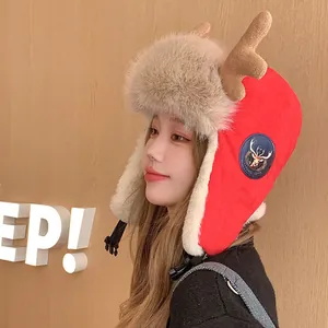 Women Winter Reindeer Antlers Trapper Hat Padded Warm Windproof Ear Protection Acrylic Faux Fur Cute Lei Feng Hat For Christmas