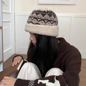 Vintage ethnic pattern knitted beanie for women warm wool winter outdoor skull hat