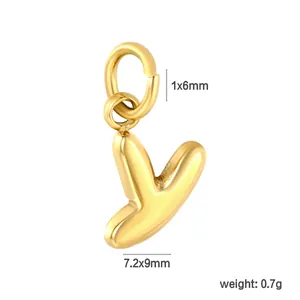 Macro view of bubble letter Y pendant in 18K gold plated stainless steel with dimensions