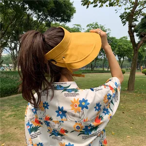 Vue arrière d'une femme portant une élégante visière pare-soleil en lin jaune au parc