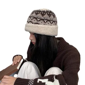 Retro ethnic style knitted wool beanie hat for women, warm winter bucket hat accessories