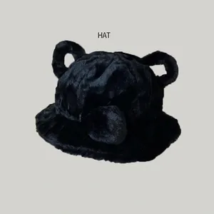Cozy black plush winter bucket hat featuring adorable decorative bear ears and pom