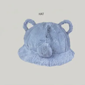 Detailed view of sweet light blue plush bucket hat with adorable animal ears for women