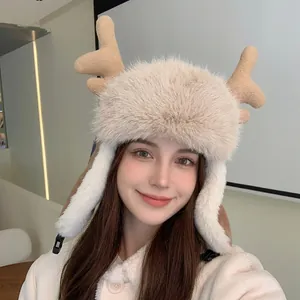 Stylish plush winter reindeer antler ushanka hat with warm windproof earflaps for women
