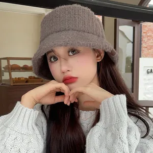 Women Plush Bucket Hat Thick Warm Winter Knitted Fisherman Cap Maillard Style Retro Solid Color Fuzzy Basin Hat With Patch