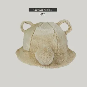 Close-up of a cute plush bucket hat featuring animal ears and a pom-pom decoration