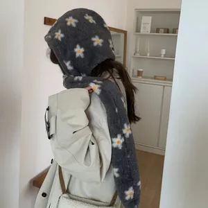 Grey plush hooded scarf with white daisy patterns for stylish winter warmth and comfort
