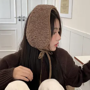 2024 Korean style brown lambswool thick earmuffs with tie-up straps for winter warmth
