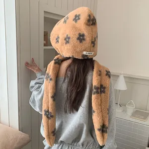 Cozy Korean style plush floral print hat and scarf combo for women winter warmth