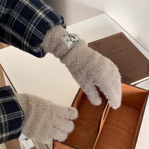 Guanti invernali in peluche da donna con etichetta pinguino in colore beige