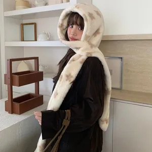 Cozy plush hooded scarf with brown star pattern, integrated hat and neck warmer