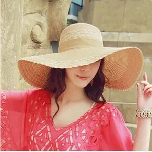 Women Straw Sun Hat Large Brim Wavy Edge Bow Summer Beach Hat UV Protection Holiday Woven Ribbon Straw Hat