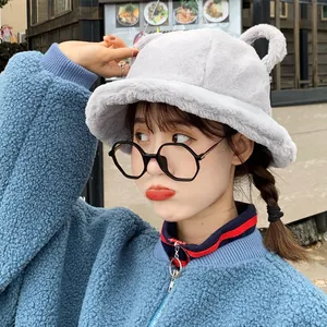 Cute women's plush bucket hat with bear ears for autumn and winter warmth and style