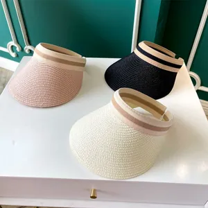 Visières de soleil en paille tissée pour femmes en rose, noir et beige, protection UV
