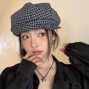Classic black and white checkered octagonal beret hat for women, stylish British style