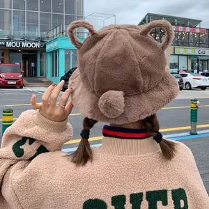 Soft and cute brown plush teddy bear bucket hat with ears for stylish winter warmth