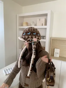 Winter Fair Isle pattern plush trapper hat with ear flaps and warm lining for women