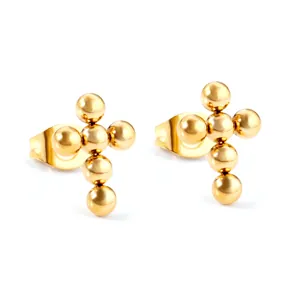 Boucles d'oreilles clous croix en acier inoxydable doré avec petites perles rondes