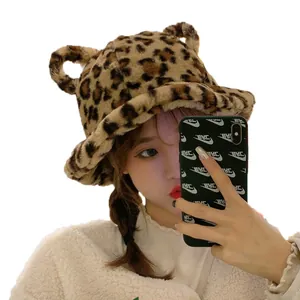 Sweet and cute leopard print plush bucket hat with bear ears, stylish winter warm fisherman cap