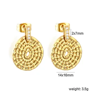 Detail view of gold-plated irregular textured earrings with 14x16mm size annotations
