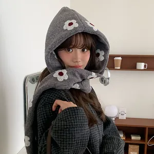 Cappello e Sciarpa Integrati in Peluche con Fiori Carini da Donna Scaldacollo con Cappuccio Protezione Orecchie Inverno Maglia