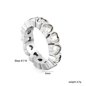 Detailed view of stainless steel heart zircon ring with 5mm band width.