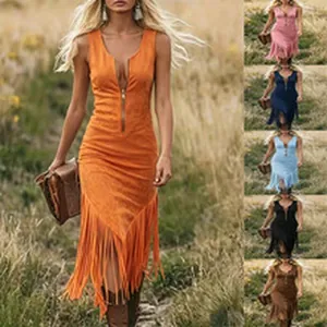 Detailed view of women's sleeveless V-neck fringe dress in multiple color variants