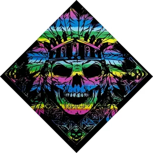 Detailed view of the vibrant rainbow Indian skull graphic on a high-quality cotton bandana.