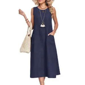 Close-up detail of a sleeveless dark blue linen-style maxi dress featuring side pockets