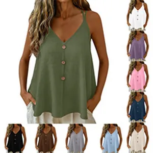 Débardeur femme col en V sans manches avec boutons décoratifs en plusieurs couleurs