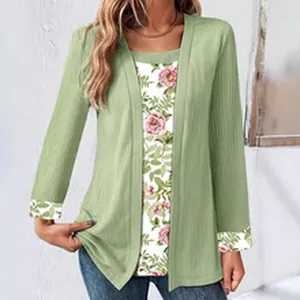 Detailed close-up view of women's casual green long sleeve cardigan with floral print