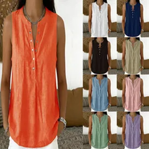 Women's casual sleeveless V-neck textured henley top shown in various solid colors