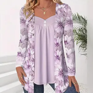 Detailed view of elegant women's purple floral cardigan set with V-neck buttoned inner top