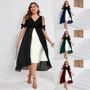 Robe grande taille col en V avec ourlet irrégulier en noir bleu vert bordeaux