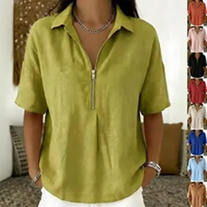 Haut décontracté à manches courtes pour femmes avec col zippé en vert citron éclatant