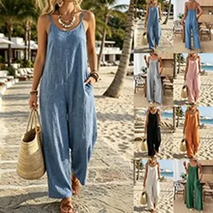 Combinaison femme sans manches col en V à jambes larges en plusieurs couleurs de plage