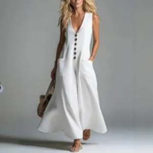 Vestido Largo de Verano para Mujer Estilo Europeo Cuello en V Profundo Sin Mangas Color Sólido Con Bolsillos de Parche y Decoración de Botones Elegante Vestido Casual