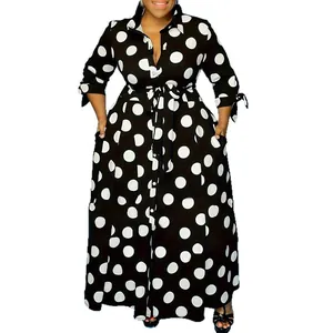 Robe chemise noire grandes tailles à manches longues avec pois blancs et ceinture à la taille