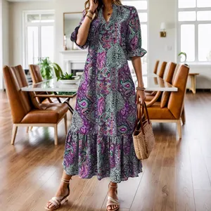 Robe bohème élégante à col en V, motif cachemire et jupe à volants étagés pour femme