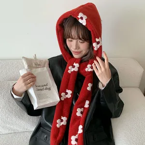 Sciarpa con cappuccio in peluche rosso con grazioso motivo a fiori bianchi da donna inverno