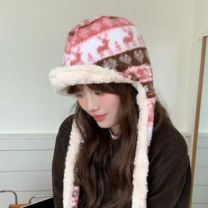 Warm Fair Isle plush trapper hat with earflaps and long ties for women