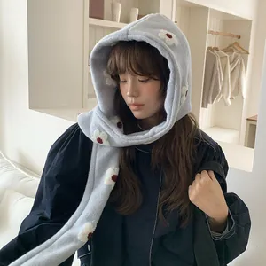 Sciarpa con cappuccio in peluche azzurro con fiori per donna, copricapo invernale caldo e soffice
