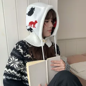 Women Winter Balaclava Integrated Hooded Neck Scarf Hat Thickened Warm Ear Protection Polyester Cartoon Cat Jacquard Knit Pullover Hat