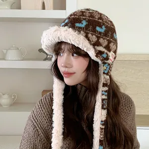 Warm winter thick plush trapper hat featuring Fair Isle pattern and cozy ear flaps