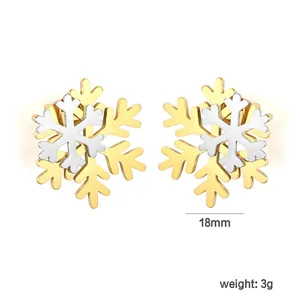 Detailed view of two-tone stainless steel snowflake stud earrings with size markers