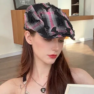 Vintage Plaid Distressed Ivy Cap For Women Retro Checkered Newsboy Beret Hat Fashion Streetwear Breathable Sunshade Flat Cap