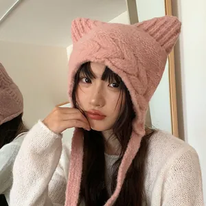 Women Cute Cat Ears Knitted Beanie Hat Japanese Style Earflap Trapper Hat Solid Color Warm Winter Cable Knit Skull Cap