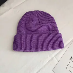 Detailed view of a purple knitted beanie featuring a premium vertical rib stitch texture